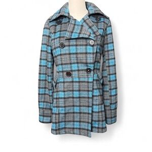 Jou Jou Blue Grey and Black Plaid Peacoat Alt Emo Grunge Indie Sleaze Size Small